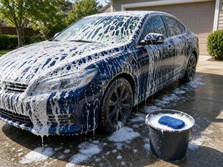 Sample photo: a sedan covered in wash foam in a driveway