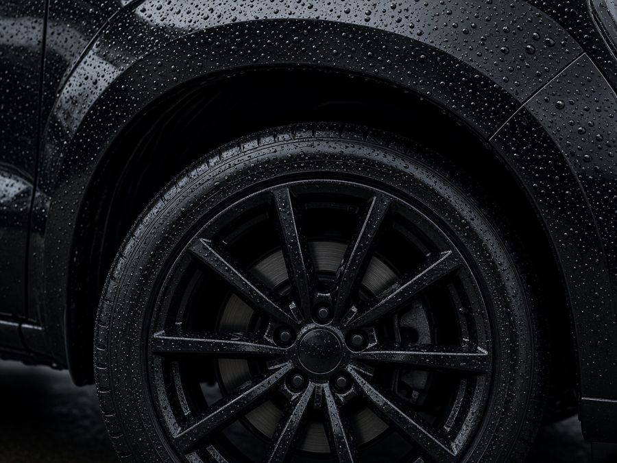 Sample photo: a clean wheel and tire with water beading on paint